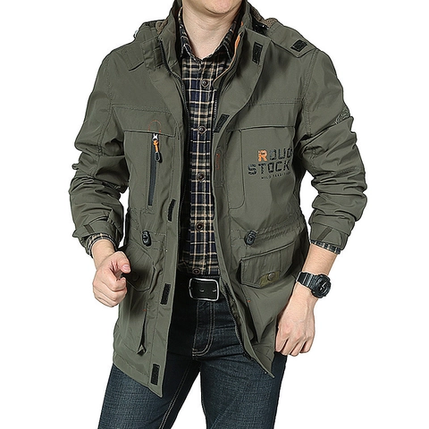 Veste Tactique de Plein Air pour Hommes Coupe-Vent à Capuche Longueur Moyenne Style Militaire Multi-Poches Manteau Cargo