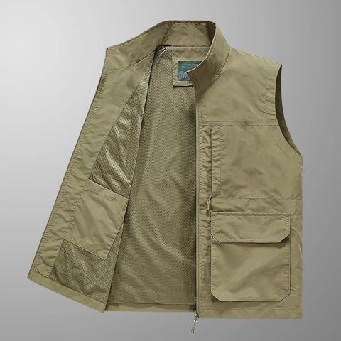 Men Outdoor Multi Pocket Utility Vest Nylon Mesh Lining Breathable Fishing Photography Casual Stand Collar Sleeveless Waistcoat Jacket