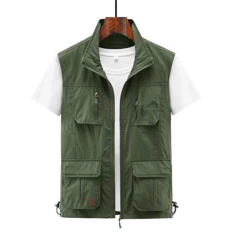 Gilet Cargo de Plein Air pour Hommes en Nylon Respirant Doublure en Maille Multi-poches Gilet pour Pêche Photographie Randonnée Style Décontracté