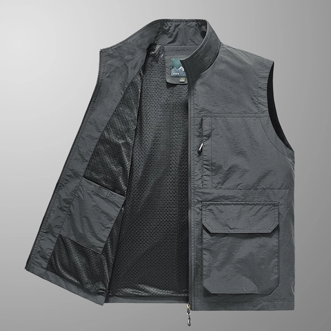 Men Outdoor Multi Pocket Utility Vest Nylon Mesh Lining Breathable Fishing Photography Casual Stand Collar Sleeveless Waistcoat Jacket