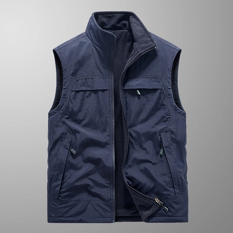 Men Reversible Fleece Vest Outdoor Casual Stand Collar Sleeveless Jacket With Zipper Pockets Winter Warm Windproof Waistcoat