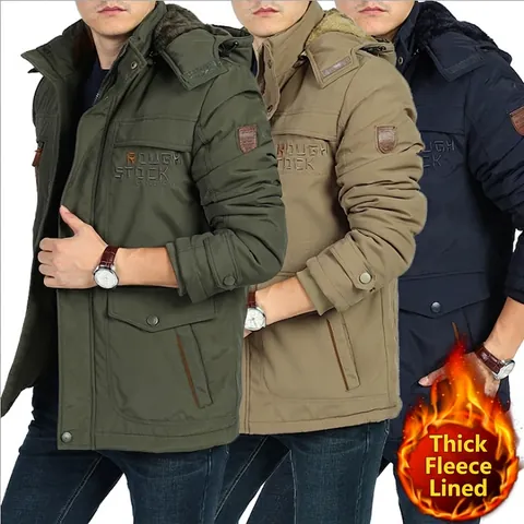 Men's Winter Thickened Cotton Jacket Fleece Lined Hooded Warm Coat Casual Windproof Multi Pocket Parka Outwear For Men