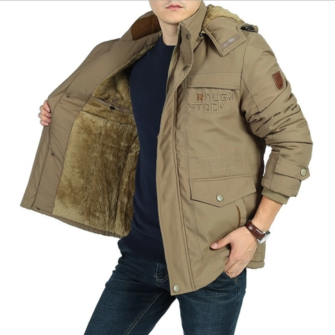 Men's Winter Thickened Cotton Jacket Fleece Lined Hooded Warm Coat Casual Windproof Multi Pocket Parka Outwear For Men