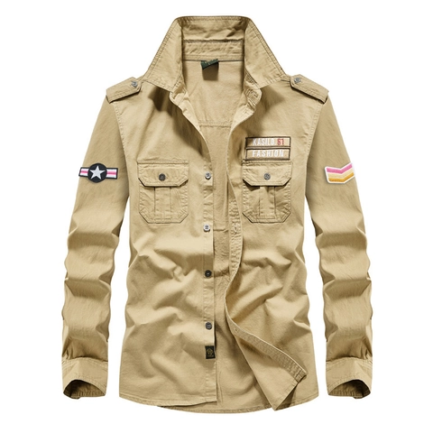 Herren Langarm Cargoshirt Nylonmischung Militär-Stil Workwear Top Mit Mehreren Taschen Und Stickerei Für Casual Outdoor Frühling Herbst Mode