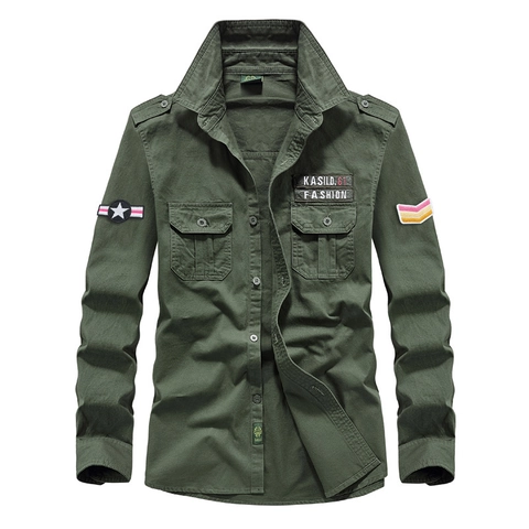 Herren Langarm Cargoshirt Nylonmischung Militär-Stil Workwear Top Mit Mehreren Taschen Und Stickerei Für Casual Outdoor Frühling Herbst Mode