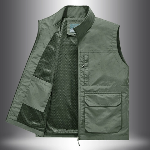 Men Outdoor Cargo Utility Vest Lightweight Nylon Stand Collar Multi-Pockets Breathable Mesh Lining Fishing Photography Jacket