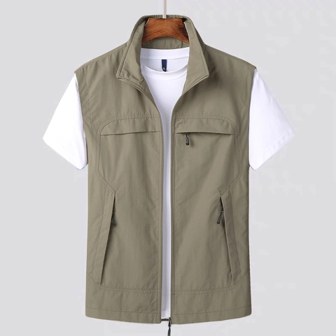 Men Outdoor Utility Vest Stand Collar Multi Pockets Sleeveless Jacket Nylon Fleece Lining Fishing Hiking Casual Wear