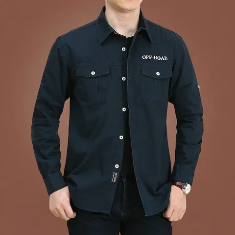 Heren Katoenen Overhemd Lange Mouwen Werkkledingstijl Outdoor Casual Top Effen Kleur Dubbele Zak Omgeslagen Kraag