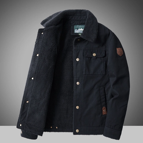 Herren Vintage Military Style Baumwolljacke Mit Dickem Sherpa-Fleece-Futter Lässige Arbeitsjacke Mit Vielen Taschen Für Den Winter