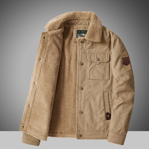 Herren Vintage Military Style Baumwolljacke Mit Dickem Sherpa-Fleece-Futter Lässige Arbeitsjacke Mit Vielen Taschen Für Den Winter