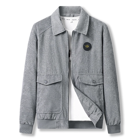 Men's Casual Corduroy Jacket With Patch Decoration Zip Up Lapel Windproof Outerwear Long Sleeve Workwear Style Baseball Coat