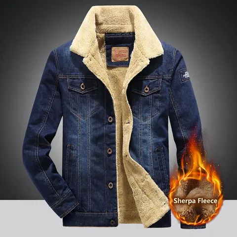 Chaqueta de Mezclilla de Invierno para Hombre Forrada de Felpa Sherpa Gruesa Abrigo Trucker Vintage Casual Holgado Cálido