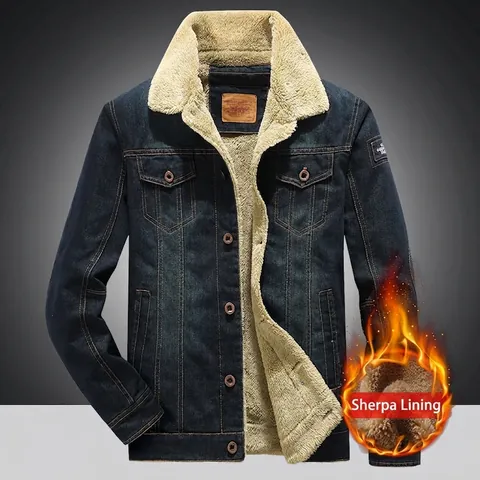Chaqueta de Mezclilla de Invierno para Hombre Forrada de Felpa Sherpa Gruesa Abrigo Trucker Vintage Casual Holgado Cálido