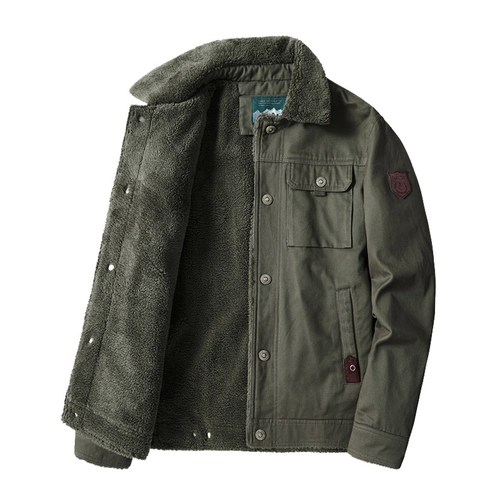 Men's Winter Fleece Lined Cargo Jacket Vintage Military Style Cotton Outer Sherpa Fleece Lining Lapel Button Down Coat Plus Size