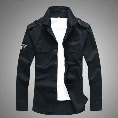 Herren 100% Baumwolle Langarm Cargo Hemd Casual Militär Stil Einfarbig Button Down Top Mit Taschen Für Frühling Herbst