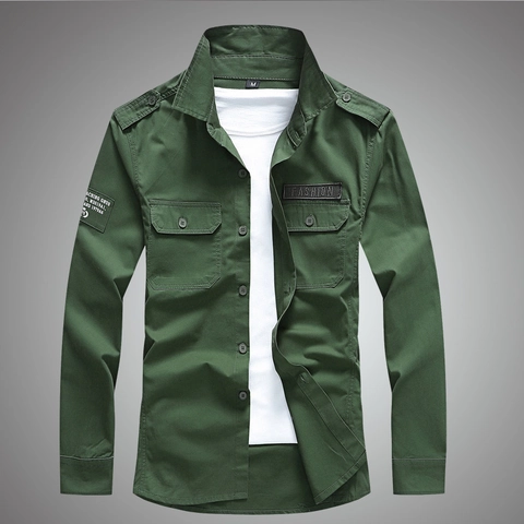 Herren 100% Baumwolle Langarm Cargo Hemd Casual Militär Stil Einfarbig Button Down Top Mit Taschen Für Frühling Herbst