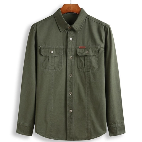 Camicia Casual da Uomo in Cotone a Manica Lunga Stile Workwear Vestibilità Larga Doppie Tasche Outdoor Tinta Unita