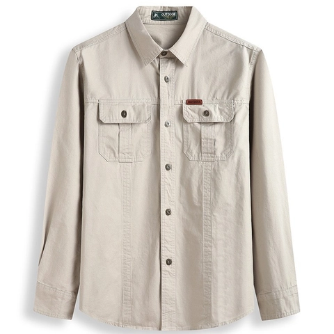 Camicia Casual da Uomo in Cotone a Manica Lunga Stile Workwear Vestibilità Larga Doppie Tasche Outdoor Tinta Unita
