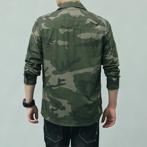 Camicia Mimetica da Uomo a Manica Lunga in 100% Cotone Outdoor Cargo Militare Casual Top Con Doppie Tasche Camicia da Lavoro Traspirante e Resistente