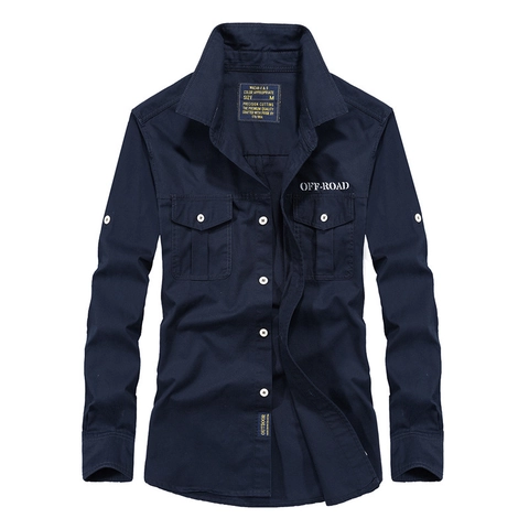 Men's Casual Long Sleeve Work Shirt High Density Cotton Loose Fit Tactical Cargo Shirt With Pockets Off-Road Embroidery