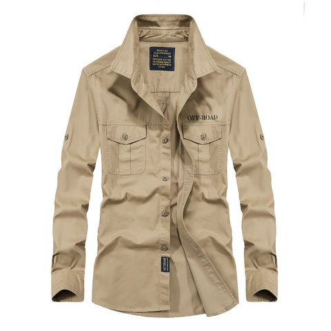 Men's Casual Long Sleeve Work Shirt High Density Cotton Loose Fit Tactical Cargo Shirt With Pockets Off-Road Embroidery