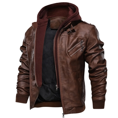 Men Vintage Motorcycle PU Leather Jacket With Detachable Hood Winter Fall Casual Multi Zipper Pocket Faux Leather Coat