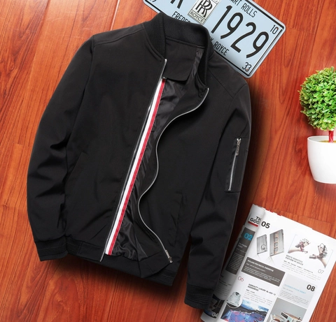 Blouson Bomber Casual pour Hommes Léger en Polyester Coupe-vent Col Montant Zippé Finitions Bord-côte Mode Printemps Automne