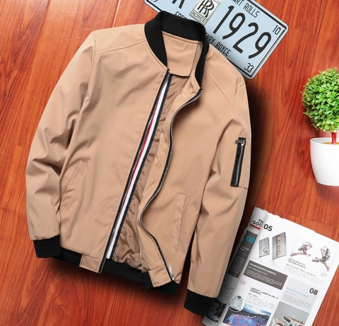 Blouson Bomber Casual pour Hommes Léger en Polyester Coupe-vent Col Montant Zippé Finitions Bord-côte Mode Printemps Automne