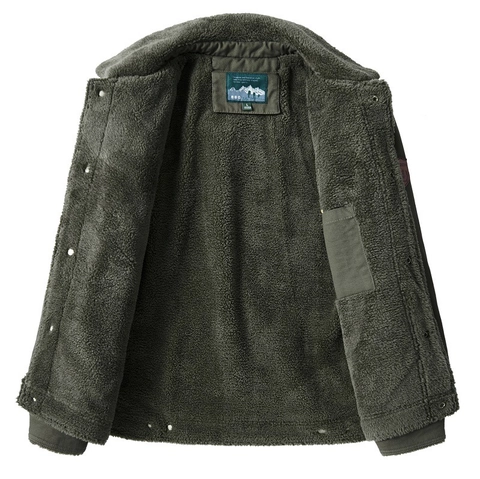 Men's Winter Fleece Lined Cargo Jacket Vintage Military Style Cotton Outer Sherpa Fleece Lining Lapel Button Down Coat Plus Size