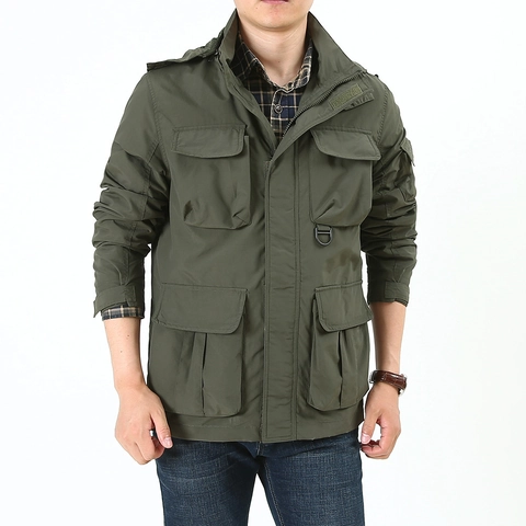 Men's Multi Pocket Cargo Jacket Windproof Tactical Military Style Outerwear Casual Stand Collar Outdoor Lightweight Windbreaker Jacket For Men
