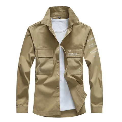 Herren Langarm Cargo Hemd 100 Prozent Baumwolle Atmungsaktiv Business Casual Workwear Revers Einfarbig Grafikdruck Taschen