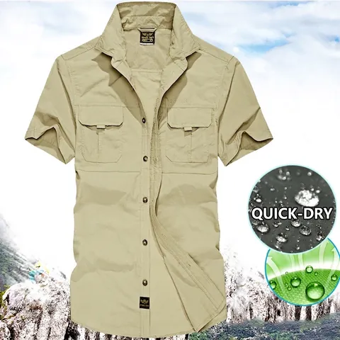 Chemise de Plein Air à Séchage Rapide pour Hommes Manches Courtes en Polyester Respirant Imperméable Tactique de Travail à Boutons Randonnée Top Décontracté