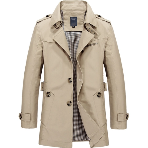Classic Men Mid-Length Cotton Trench Coat Casual Windbreaker Jacket With Stand Collar Plaid Lining Spring Autumn Outwear