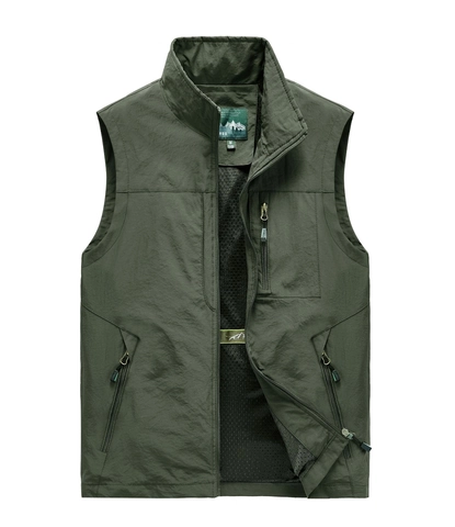 Men Outdoor Multi-Pocket Utility Fishing Vest Stand Collar Breathable Mesh Lining Water Repellent Casual Photography Waistcoat