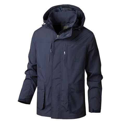 Chaqueta de Trabajo al Aire Libre para Hombre Capucha Desmontable Cortavientos Ajuste Holgado Múltiples Bolsillos Informal Deportivo