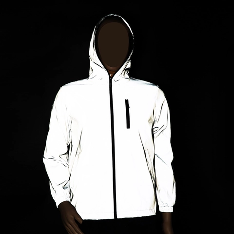Men's Reflective Hooded Windbreaker Jacket Lightweight Windproof Zipper Outerwear Loose Fit Night Safety Streetwear Fashion Coat For Adult