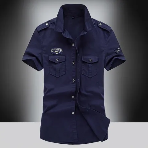Military Style Men Short Sleeve Work Shirt Cotton Double Pockets Epaulets Rugged Casual Top Daily Wear Plus Size Shirt