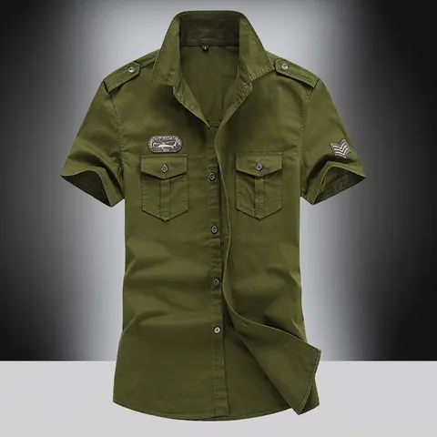Military Style Men Short Sleeve Work Shirt Cotton Double Pockets Epaulets Rugged Casual Top Daily Wear Plus Size Shirt