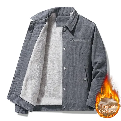 Men Corduroy Jacket Fleece Lined Warm Winter Coat Lapel Button Down Workwear Casual Outerwear For Men Solid Color Top