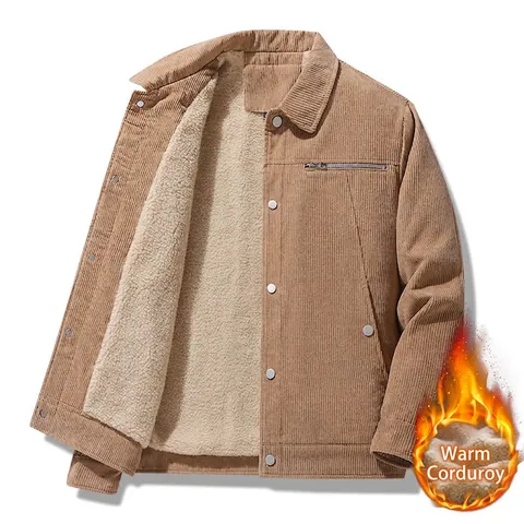 Men Corduroy Jacket Fleece Lined Warm Winter Coat Lapel Button Down Workwear Casual Outerwear For Men Solid Color Top