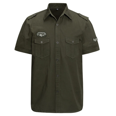 Militaire Korte Mouw Overhemd Heren Katoen Cargo Utility Button Up Top Met Borstzakken Borduurwerk Patches Casual Workwear