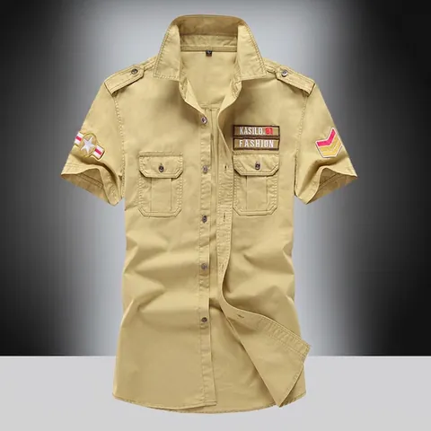 Camicia Militare Cargo da Uomo a Maniche Corte in Cotone Spandex Con Spalline Stemmi Doppie Tasche Casual Outdoor Workwear