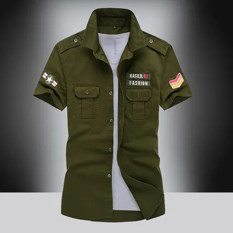 Camicia Militare Cargo da Uomo a Maniche Corte in Cotone Spandex Con Spalline Stemmi Doppie Tasche Casual Outdoor Workwear