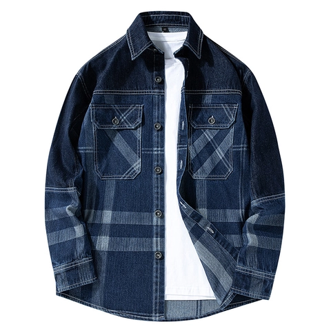Ανδρικό Τζιν Πουκάμισο Καρό Μακρυμάνικο Patchwork Casual Μπουφάν Με Κουμπιά Πουκάμισο Για Άνδρες Vintage Workwear Style