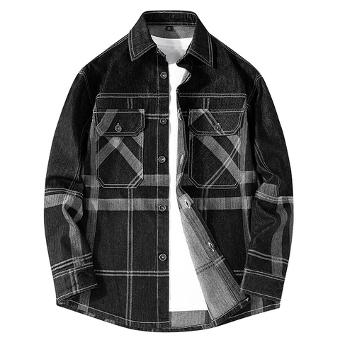 Ανδρικό Τζιν Πουκάμισο Καρό Μακρυμάνικο Patchwork Casual Μπουφάν Με Κουμπιά Πουκάμισο Για Άνδρες Vintage Workwear Style