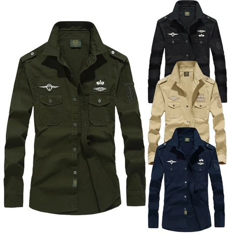 Camicia da Uomo in Stile Militare Cargo a Maniche Lunghe in Cotone con Toppe Ricamate e Bottoni Outdoor Casual Taglie Forti
