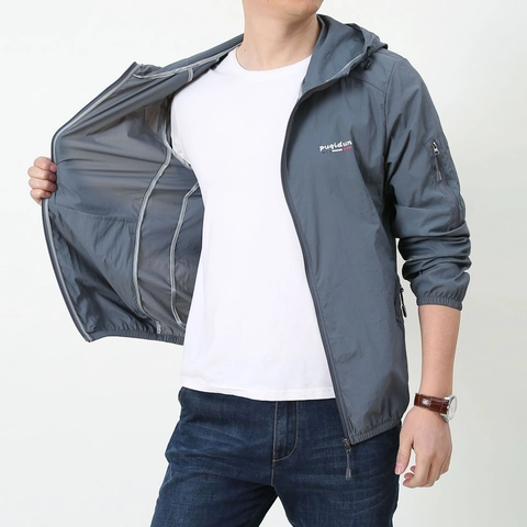 Men's Hooded Sun Protection Jacket Polyester Breathable Windbreaker Outdoor Lightweight Thin Sportswear Casual Coat