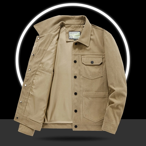 Chaqueta Casual de Pana para Hombre Vintage Ropa de Trabajo Solapa Abotonadura Sencilla Multibolsillos Abrigo para Primavera Otoño Streetwear