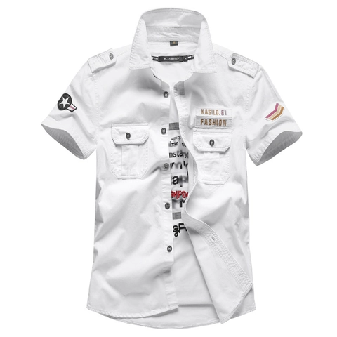 Camisa de Manga Corta Cargo Militar para Hombre 100% Algodón Corte Ajustado Casual con Botones con Insignias y Hombreras para Diario