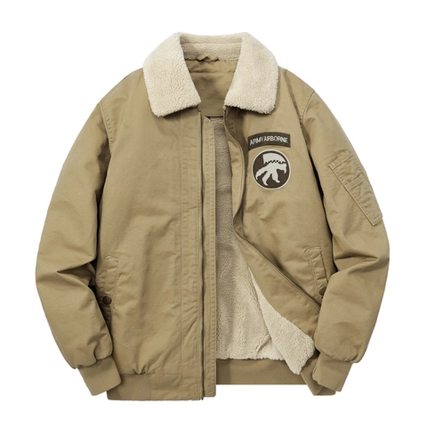 Men's Winter Bomber Jacket Sherpa Lined Fleece Cargo Coat Military Padded Airborne Patched Outwear For Men Warm Casual Jacket